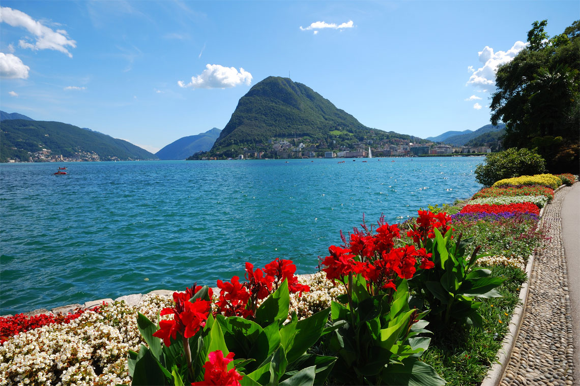 Lugano lakeside promenade with Monte San Salvatore